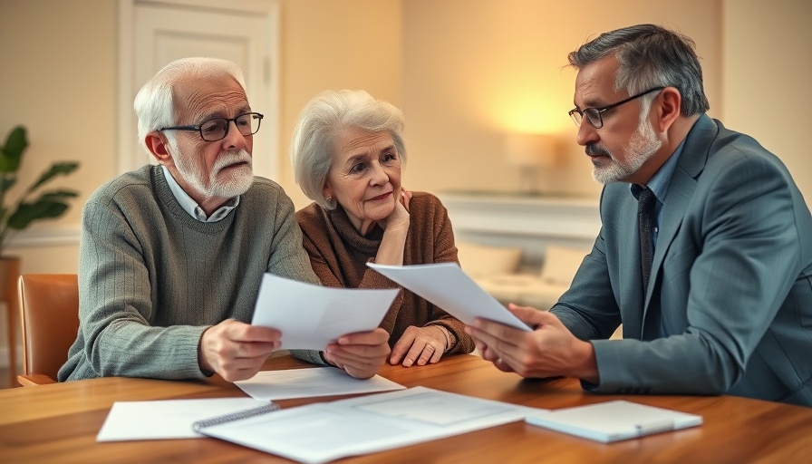 Elderly couple consulting professional reviewing documents, discussing gray divorce coping strategies.