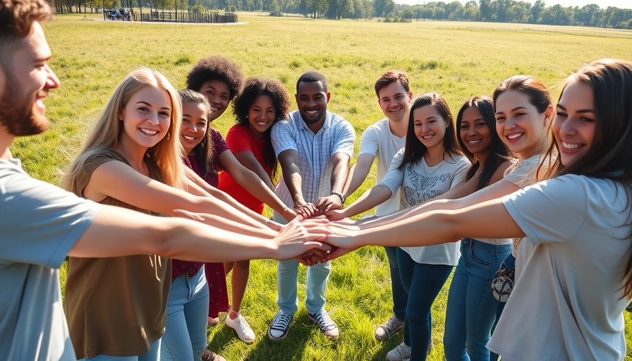 Unite for Change Party with diverse group embracing unity outdoors