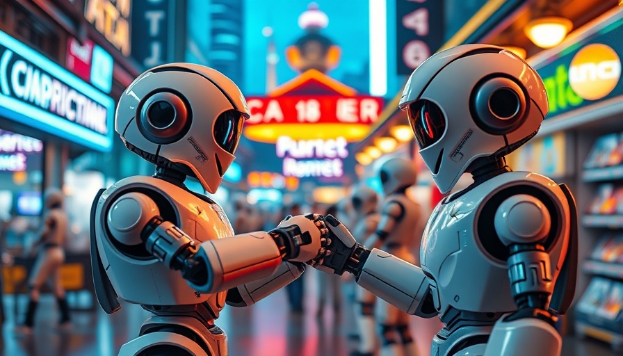 Investing in AI agents: Robots completing a transaction in a futuristic marketplace.