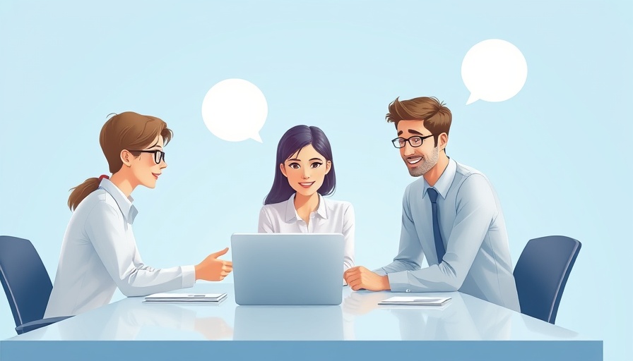 Animated colleagues discussing accounting software adoption at a laptop.
