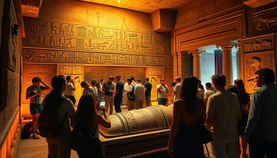 Tourists explore an ancient Egyptian tomb, enhancing Egyptian Cultural Tourism Revival.