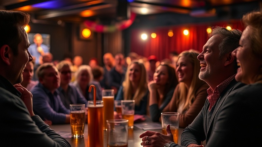 Lively Randburg comedy night with comedians, laughter, and friends enjoying the show.