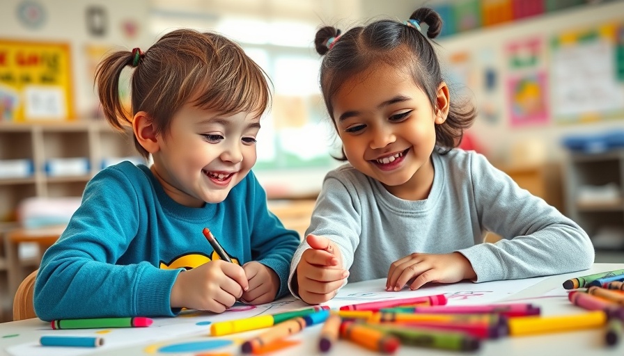 Children developing social skills through group art activity in classroom.