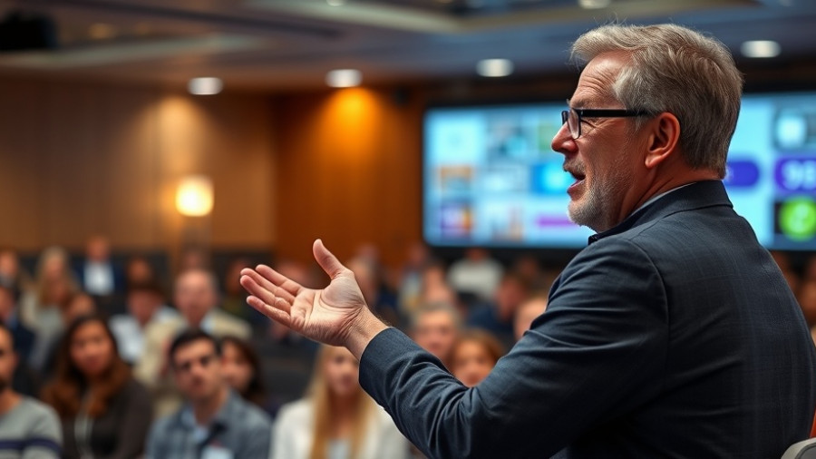 Autism parenting coach addressing audience in seminar.