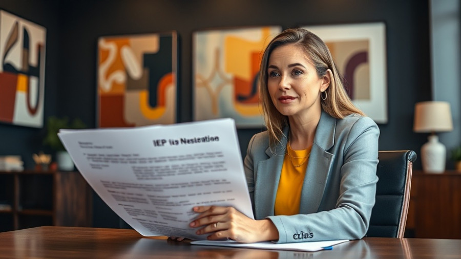 Expert explaining IEP for autism to parents, office setting.