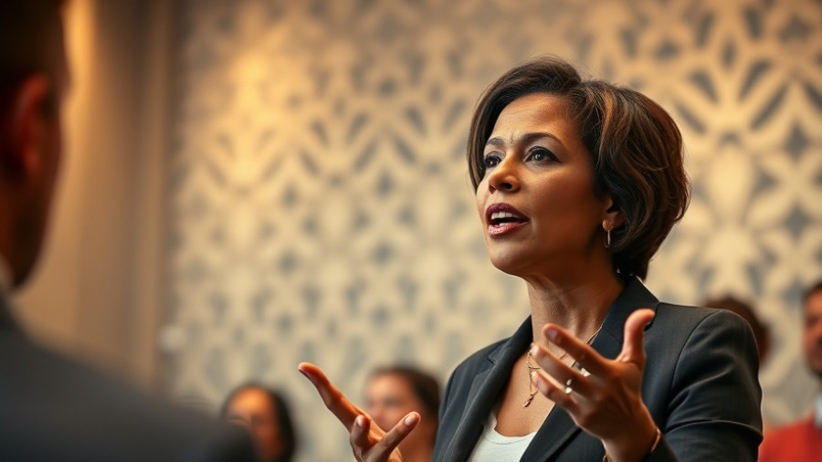 Woman speaking at offline event for parents of autistic kids, warm indoor setting.