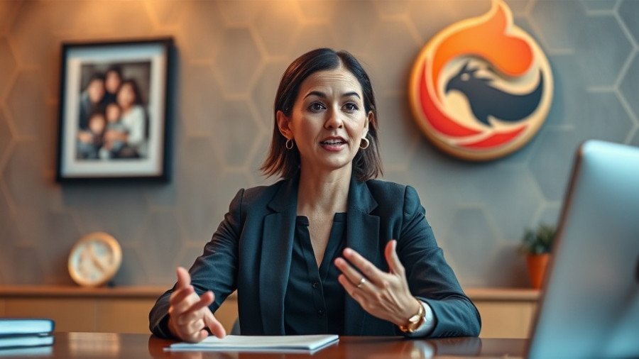 Confident professional woman discussing contemporary health trends in an office setting.