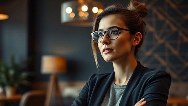 Confident woman discussing financial independence and emotional strength indoors.