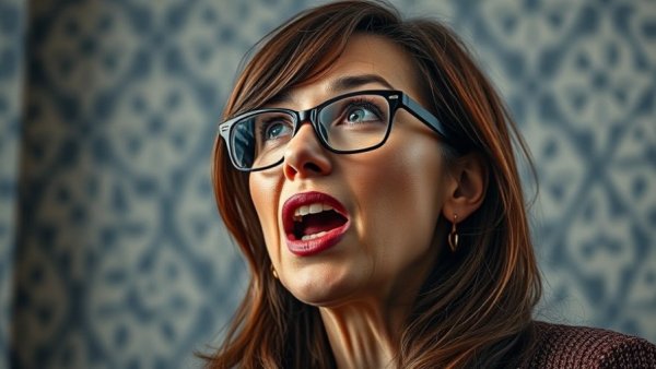 Woman speaking about autism in a geometric pattern room.