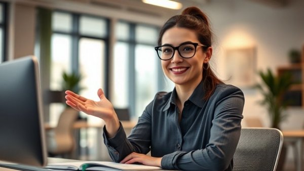 Confident woman teaching at desk in office environment.