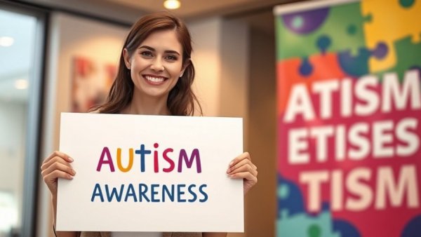 Woman promoting Running for Autism Awareness with sign and banner.