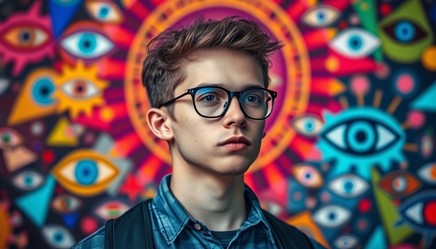 Young man with glasses against colorful eye symbol background.