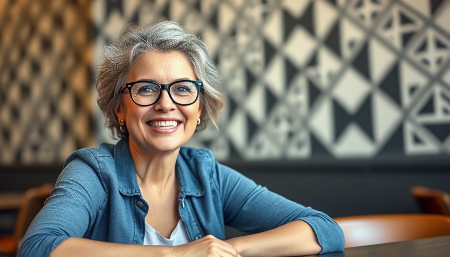 Warm portrait of a smiling woman seated at a table.