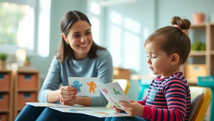 Parent supports language development in autism using colorful flashcards.