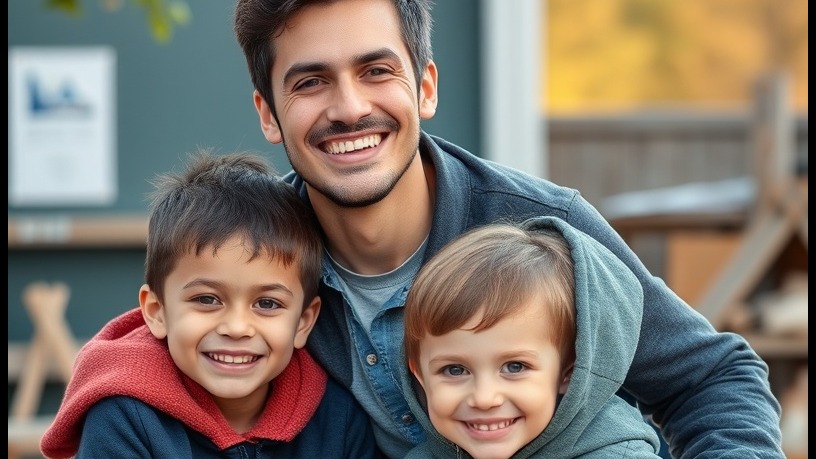 Happy young man playing with kids in a joyful outdoor setting