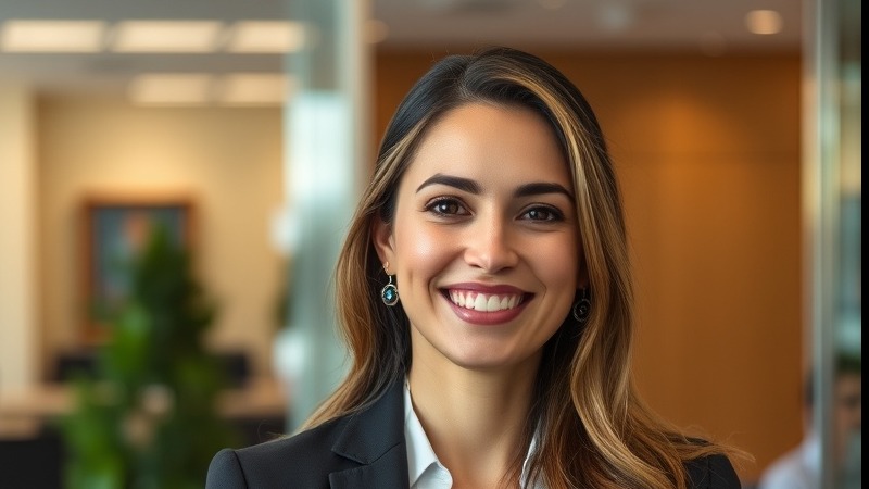 Executive lady welcoming an accountant in a modern office setting, 24mm lens.