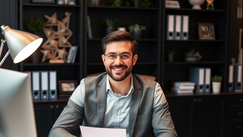 Happy executive guy at desk in office, showcasing a successful accountant vibe.