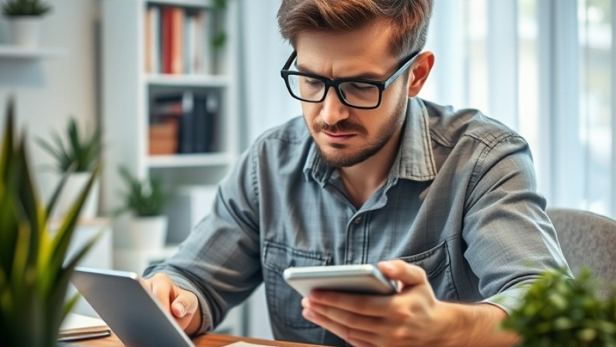Stressed individual calculating tax return in a photorealistic home office with plants.