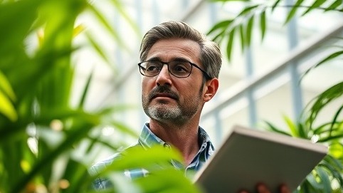 progressive wealth management planning, thoughtful expression, checking a diverse portfolio, photorealistic, surrounded by plants in a bright atrium, highly detailed, leaves rustling owing to gentle breeze, shot with a Leica 50mm lens, vibrant greens, illuminated by natural sunlight.