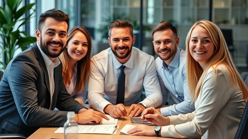 Confident executive team collaborating happily around a desk.