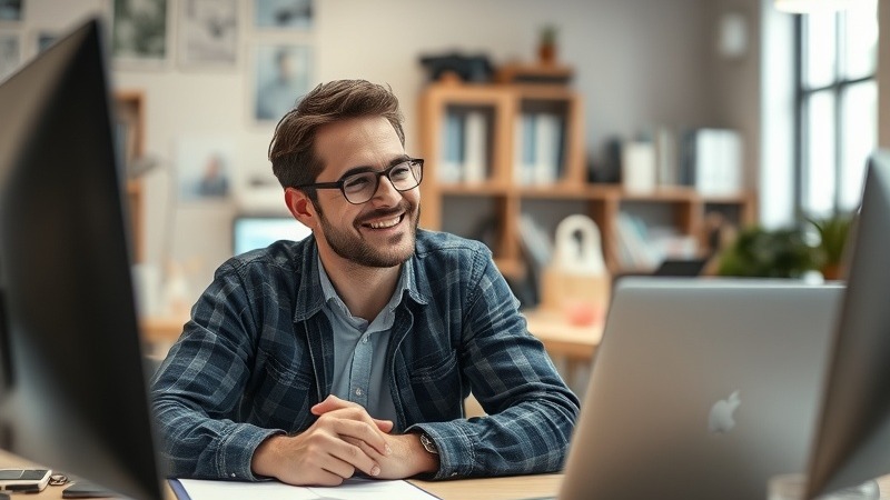 Intrigued expression exploring innovative insurance coverage in a tech-driven workspace.