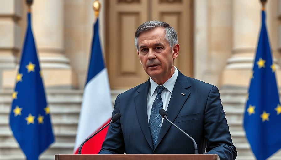New Prime Minister of France speaking at a podium with flags.