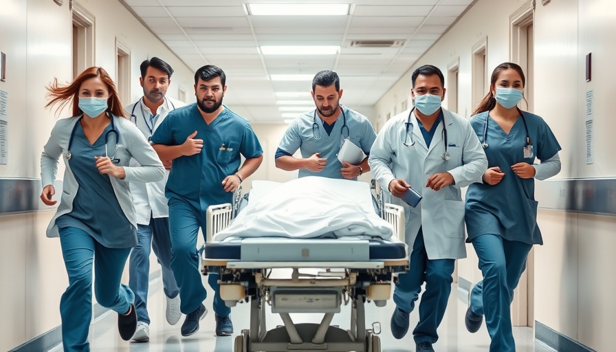 Healthcare professionals transport patient urgently in a hospital corridor.