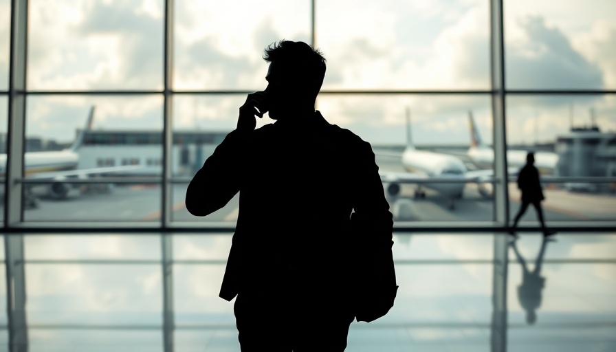 Traveler in airport silhouetted against glass windows, Flight Delays and Cancellations Government Shutdown.