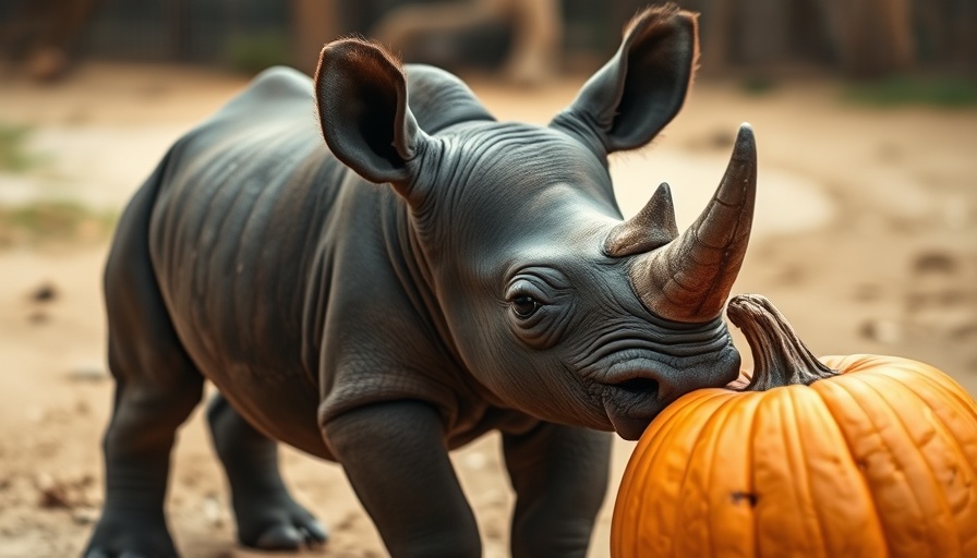 Young black rhino calf with a pumpkin at zoo - Eastern black rhino conservation.