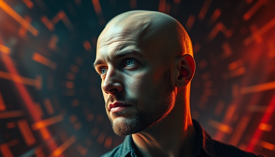Cinematic image of a thoughtful bald man in an energetic abstract background for manifest money.
