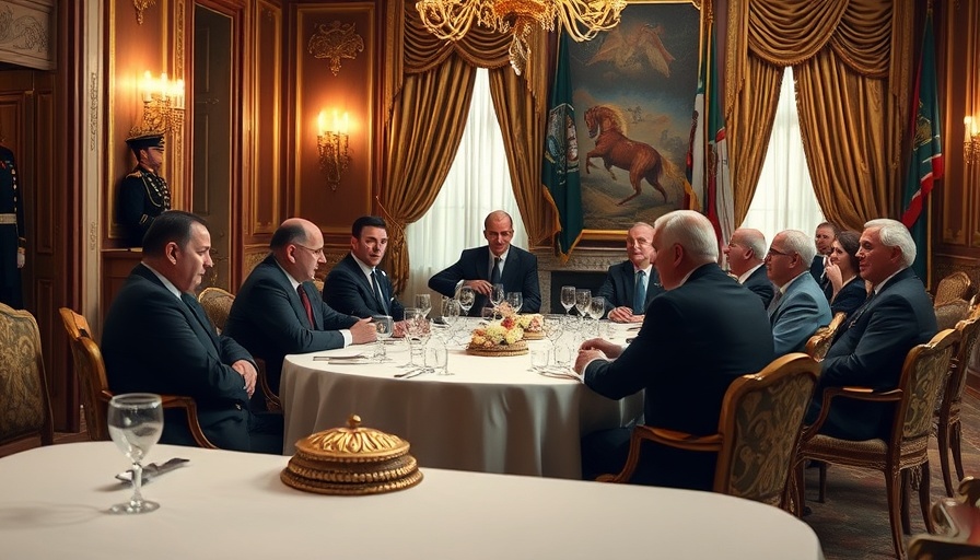 Presidential meeting with formal dining setup and military flags.