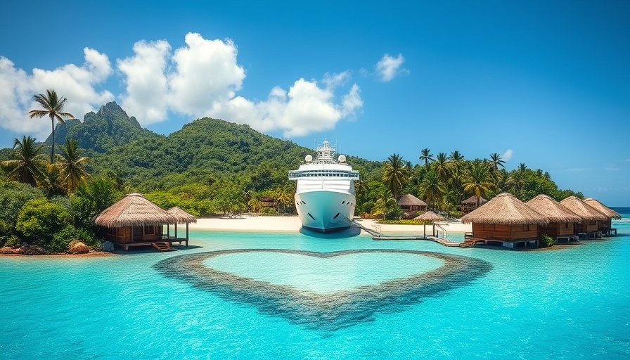 Exotic travel destination with cruise ship and heart-shaped reef
