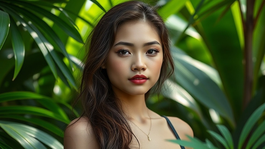 Young woman standing outdoors with a calm expression among greenery.