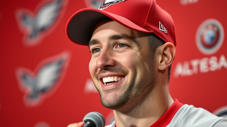 Smiling man at press conference for Bucs vs Lions Monday Night Football.