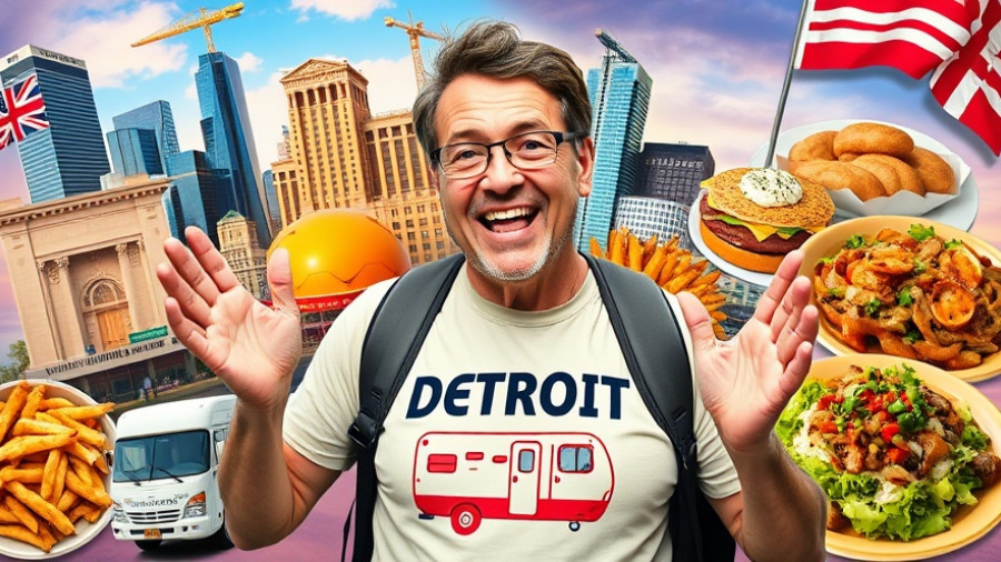 Cheerful traveler exploring RV travel in Detroit.