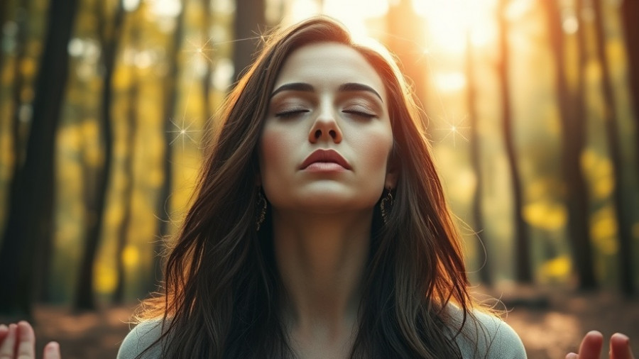 Woman meditating in forest with energy symbols, manifestation techniques theme