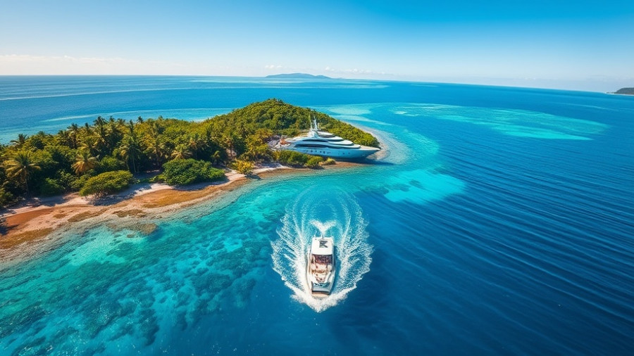 Stunning Coral Reefs surrounding a tropical island, beautiful yacht visible.