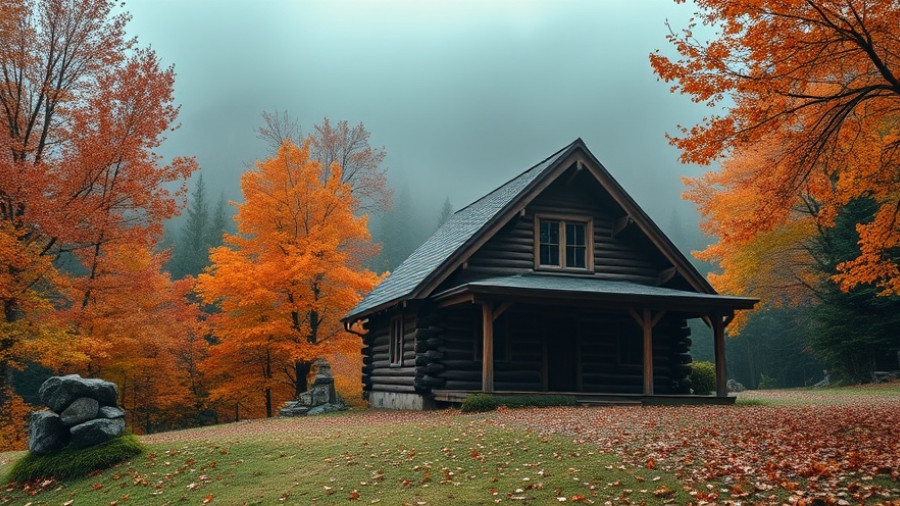 Scenic views of a rustic cabin in autumn North Carolina landscape.