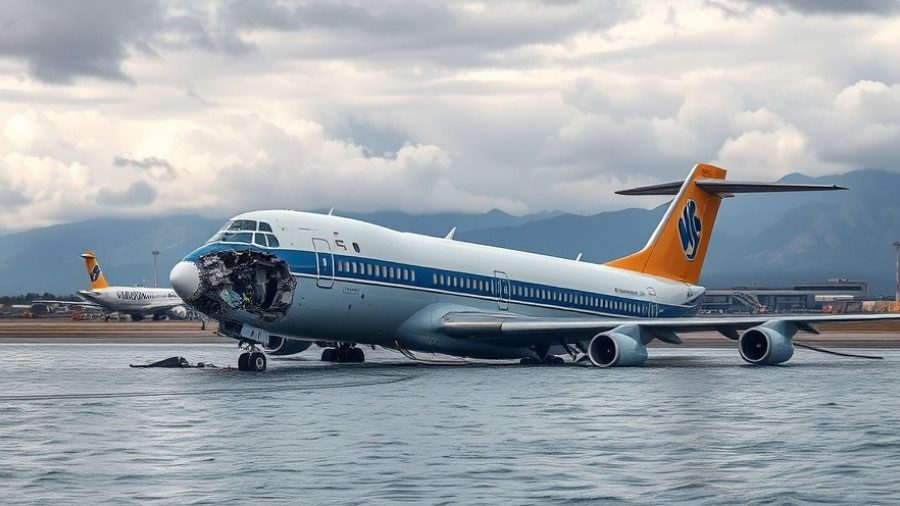 Cargo plane accident in Hong Kong, plane by water with cloudy sky.