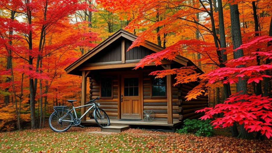 Rustic cabin in vibrant Massachusetts fall foliage for scenic views.