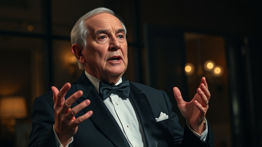 Elderly man in a tuxedo speaking at event, low light.