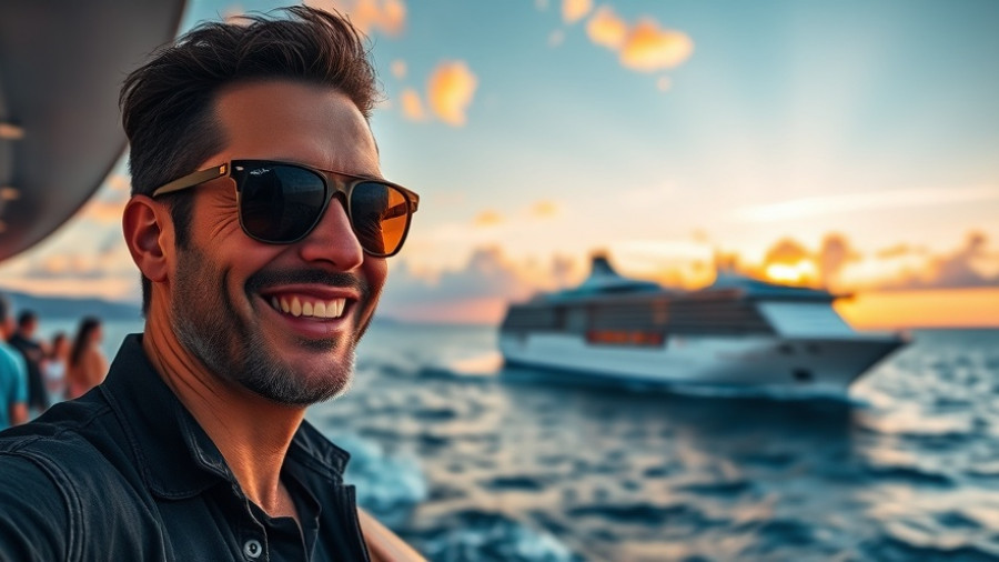 Smiling man enjoys ocean view, large cruise ship at sunset, live broadcast.