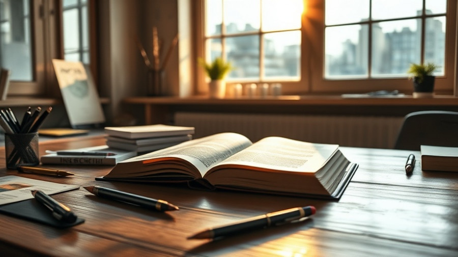 Tranquil workspace with open book and sunlight, focusing on personal development techniques.