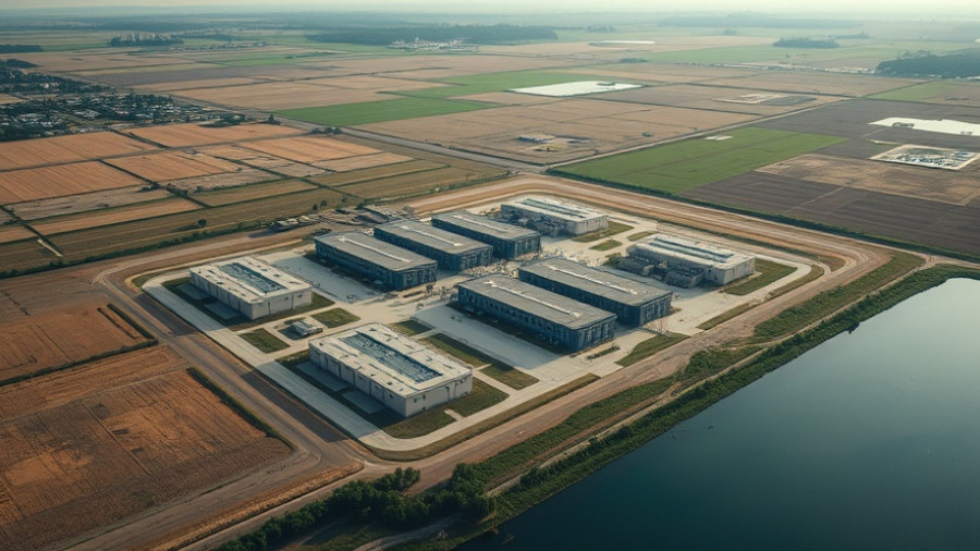 Detention facility in rural area surrounded by fields and water.