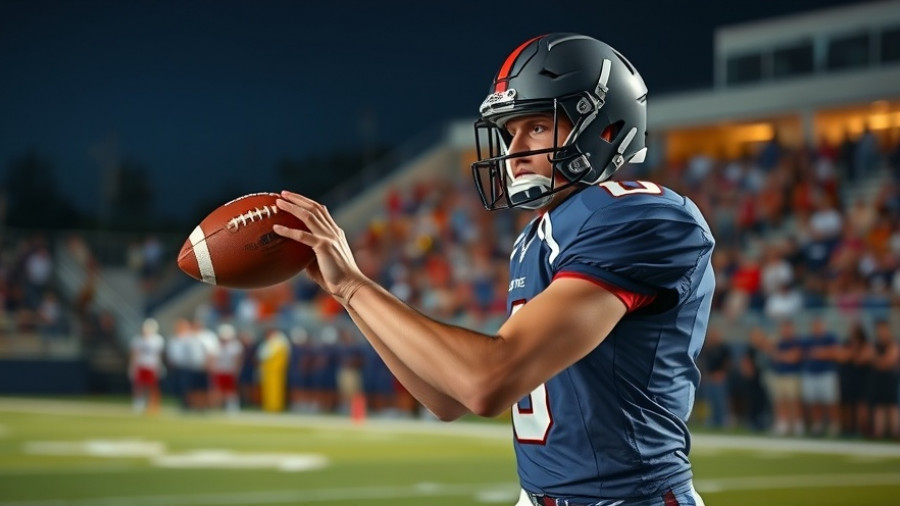 High School Football Player focused on action in game at night.