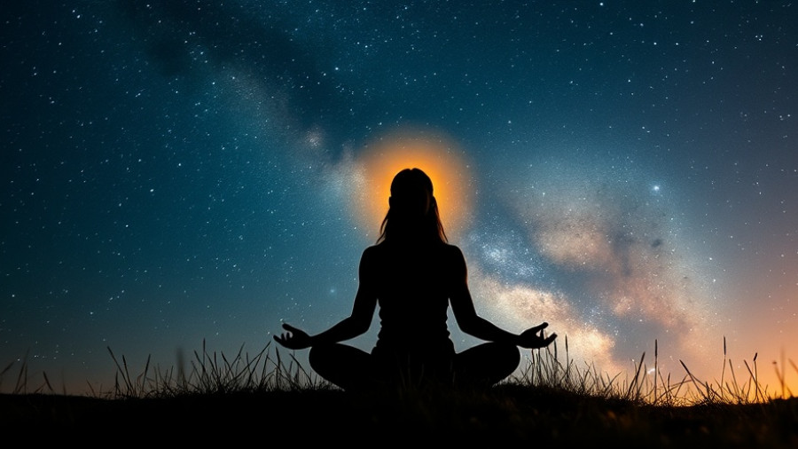 Meditating person with cosmic aura under starry sky, neuroscience of spiritual awakening.