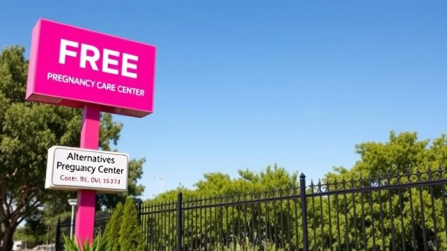 Bright pink Alternatives Pregnancy Center sign near trees.