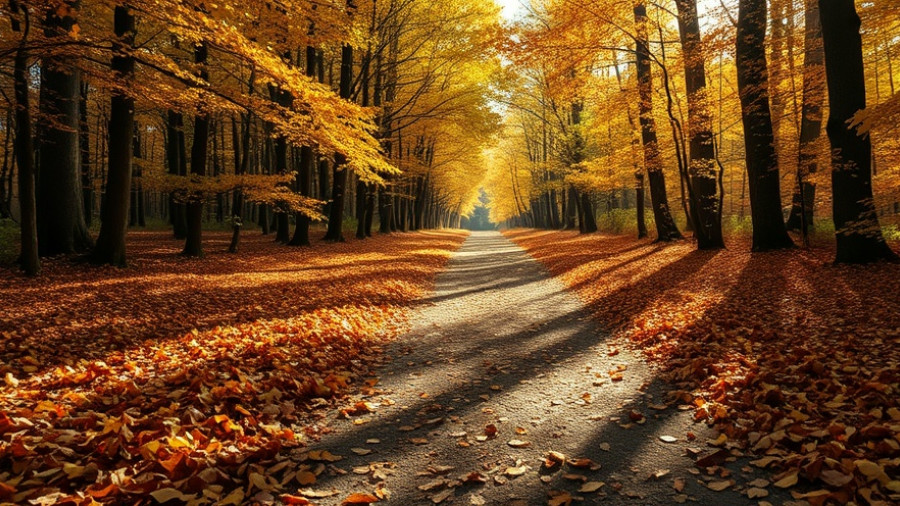Autumn leaves on a path with dappled sunlight, spiritual signs in autumn.