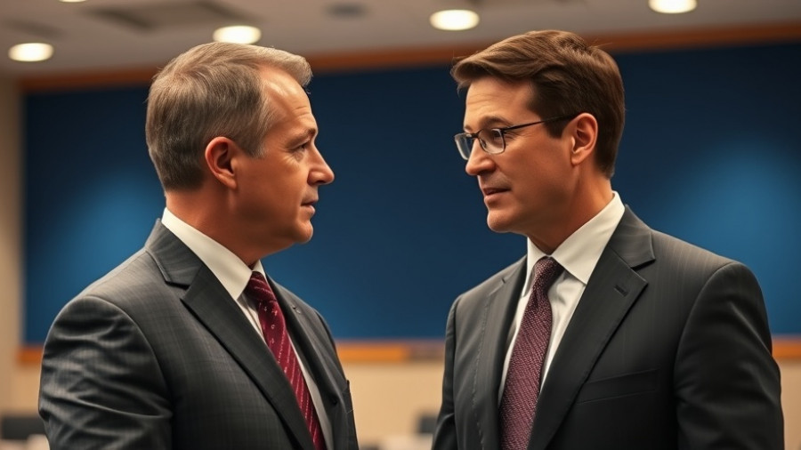 Two men in suits discussing against a blue background.