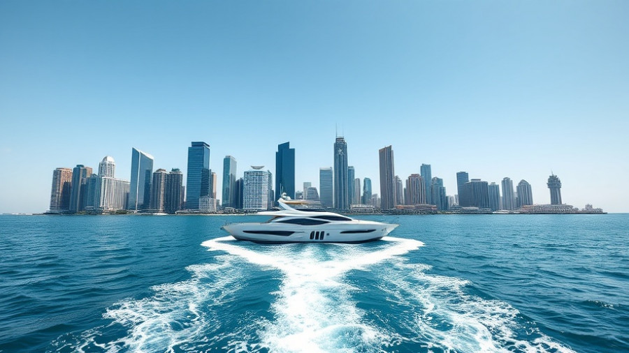 Miami Scenic Views: City skyline with yacht and heart-shaped wake.